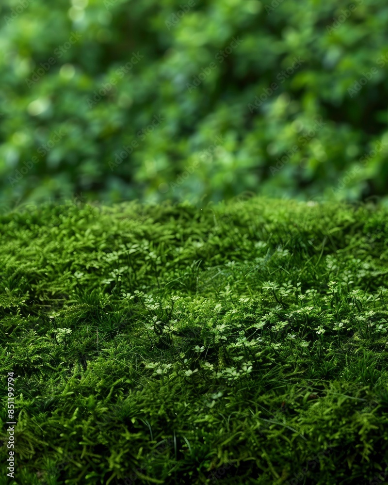 Green moss and background. Backdrop for displaying products. Dark forest background - generative ai Green moss and background. Backdrop for displaying products. Dark forest background - generative ai