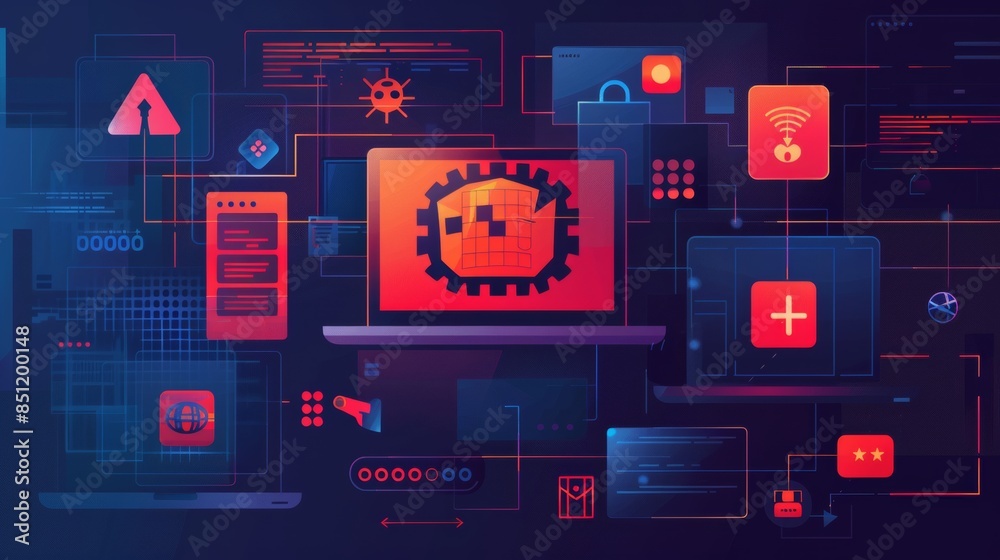 The image showcases various technological icons such as laptops, cybersecurity symbols, and software interfaces, illustrating IT and cybersecurity activities in a vibrant digital environment. The image showcases various technological icons such as laptops, cybersecurity symbols, and software interfaces, illustrating IT and cybersecurity activities in a vibrant digital environment.
