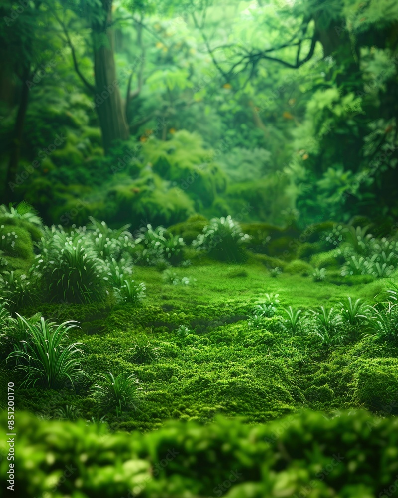 Green moss and background. Backdrop for displaying products. Dark forest background - generative ai Green moss and background. Backdrop for displaying products. Dark forest background - generative ai