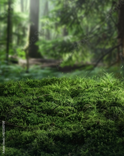 Green moss and background. Backdrop for displaying products. Dark forest background - generative ai