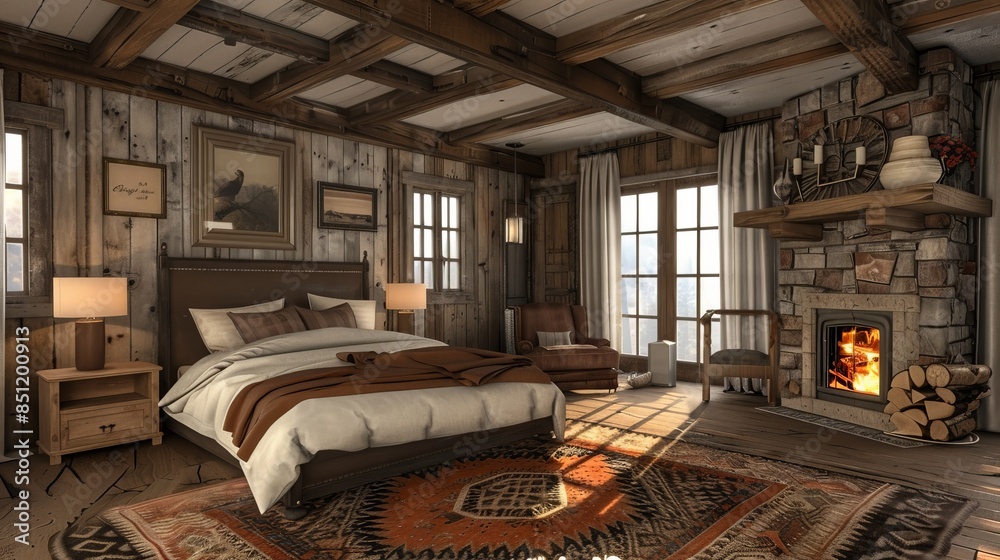 Cozy Rustic Cabin Bedroom with Fireplace Cozy Rustic Cabin Bedroom with Fireplace
