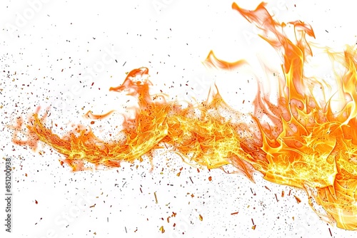 Dynamic Flames and Sparks on White Background