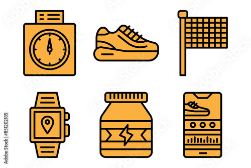 Set of running icons, such as shoes, drink, stopwatch, etc. Editable