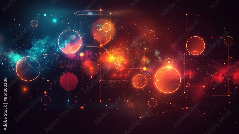 A futuristic geometric design featuring interconnected circles and lines in neon colors on a dark background, evoking a sense of technology and digital networks. Abstract Backgrounds Illustration, A futuristic geometric design featuring interconnected circles and lines in neon colors on a dark background, evoking a sense of technology and digital networks. Abstract Backgrounds Illustration,