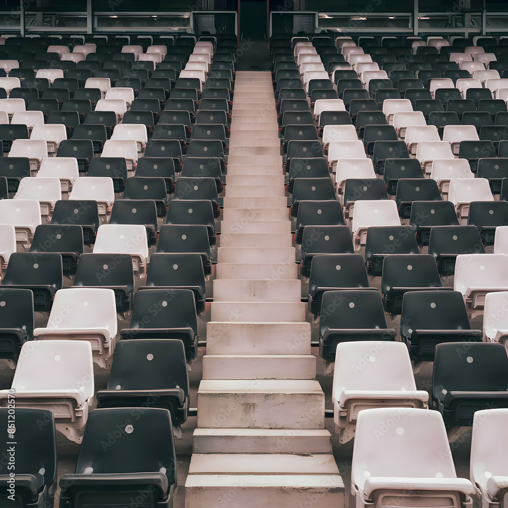 Obraz premium Seats of black tribune on sport stadium. empty outdoor arena. concept of fans. chairs for audience. cultural environment concept. color and symmetry. empty seats