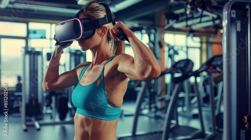 A woman in a gym puts on a VR headset, ready for an immersive workout experience.