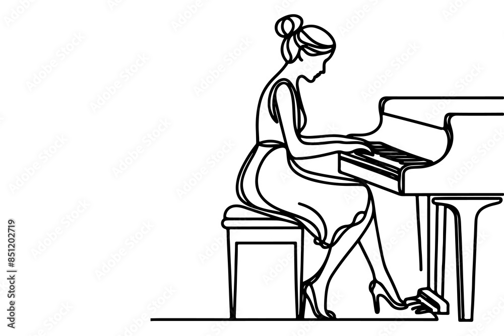 continuous one line drawing woman playing a grand piano outline, sketch artist sitting and using piano to learn it on white background continuous one line drawing woman playing a grand piano outline, sketch artist sitting and using piano to learn it on white background