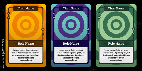 card game design with circle pattern and three color variations, for card game design, print and resources