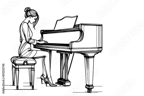 continuous one line drawing woman playing a grand piano outline, sketch artist sitting and using piano to learn it on white background