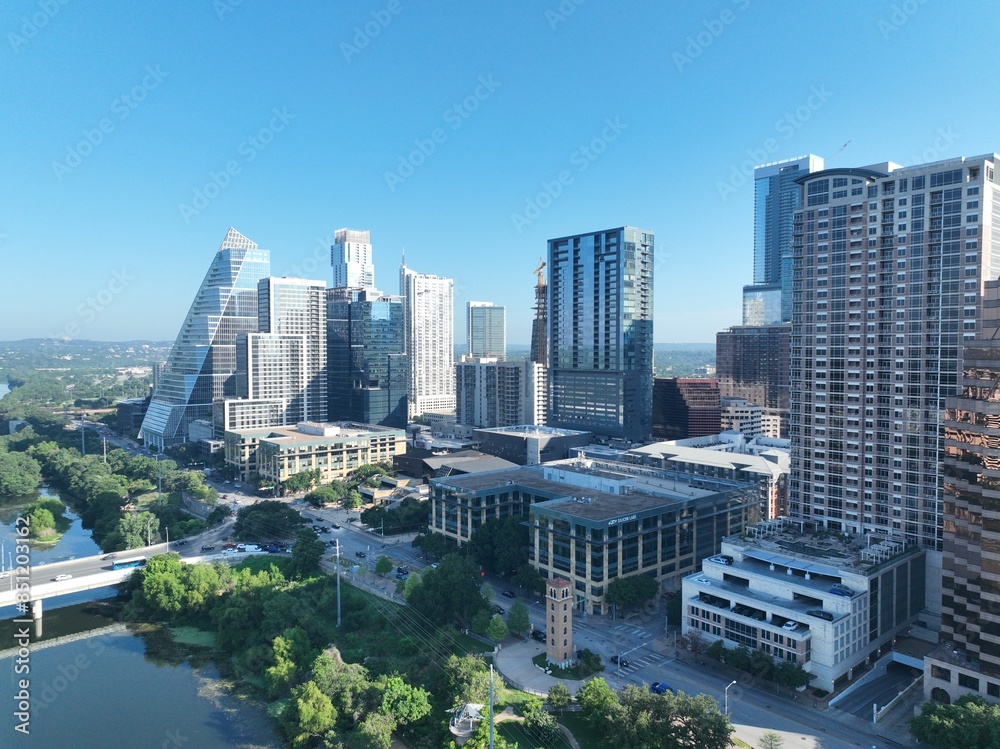 Aerial view of Austin: A vibrant and diverse city in Texas known for its live music scene, outdoor activities, and eclectic culture.