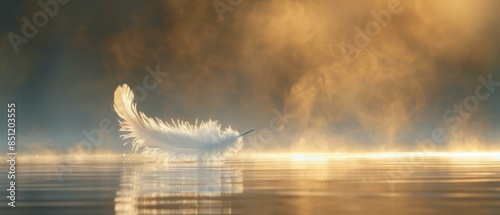 A white feather floating on a calm lake at sunrise. AI.