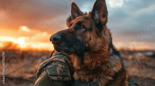 A German Shepherd dog wearing a military vest stands in a field, looking off into the distance. AI. photo