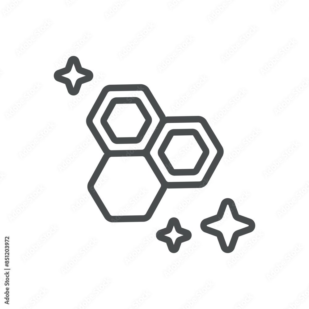 Pure Honey Combs Icon. Simple Line Illustration of Honeycombs with Sparkles, Symbolizing Freshness and Quality. Vector Symbol on White Background. Pure Honey Combs Icon. Simple Line Illustration of Honeycombs with Sparkles, Symbolizing Freshness and Quality. Vector Symbol on White Background.
