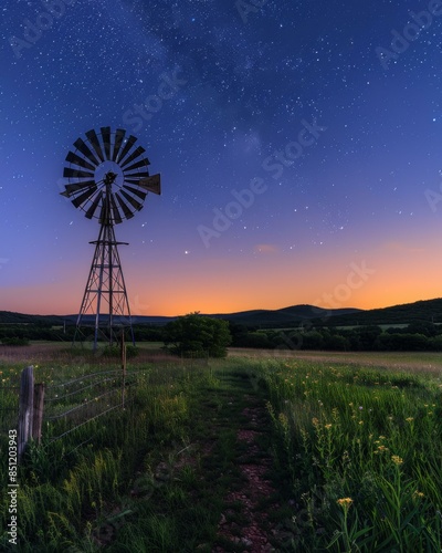 A windmill stands tall in a field of grass, silhouetted against a starry night sky. AI.