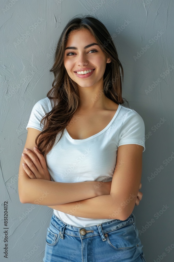 Portrait of a young latin woman with pleasant smile isolated on grey wall Portrait of a young latin woman with pleasant smile isolated on grey wall