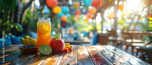 Refreshing drinks on a table with a blurred background of a restaurant. AI. photo