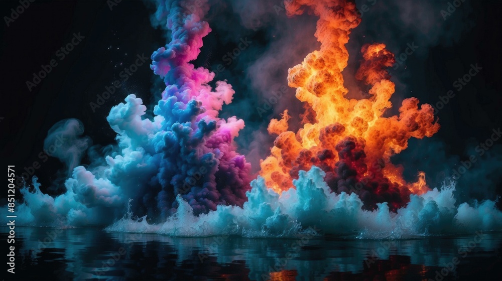 Multicolored smoke and fire explosion over dark water. AI. Multicolored smoke and fire explosion over dark water. AI.