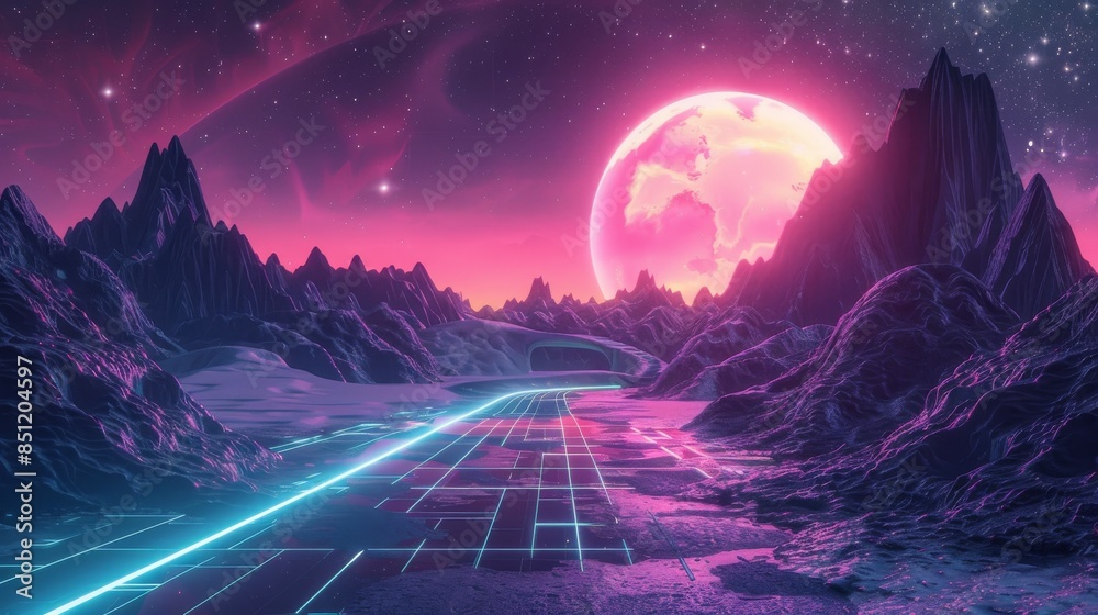 Synthwave 3d retro cyberpunk style landscape background banner or ...
