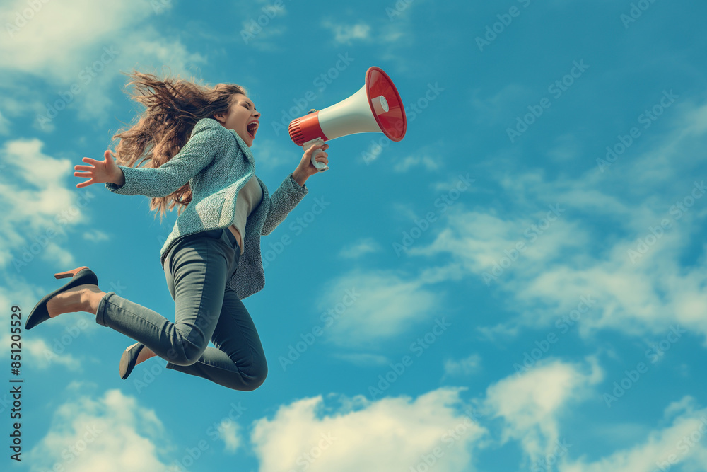 Beautiful business woman flying on blue sky background, jumping and shouting on megaphone