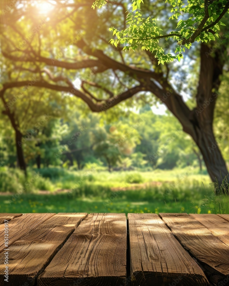 Tree Table wood Podium in farm display for food, perfume, and other products on nature background, Table in farm with grass, Sunlight at morning - generative ai Tree Table wood Podium in farm display for food, perfume, and other products on nature background, Table in farm with grass, Sunlight at morning - generative ai