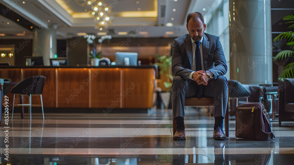 Naklejka premium A businessman sitting in a hotel lobby, checking his watch, a briefcase at his feet, the reception desk in the background
