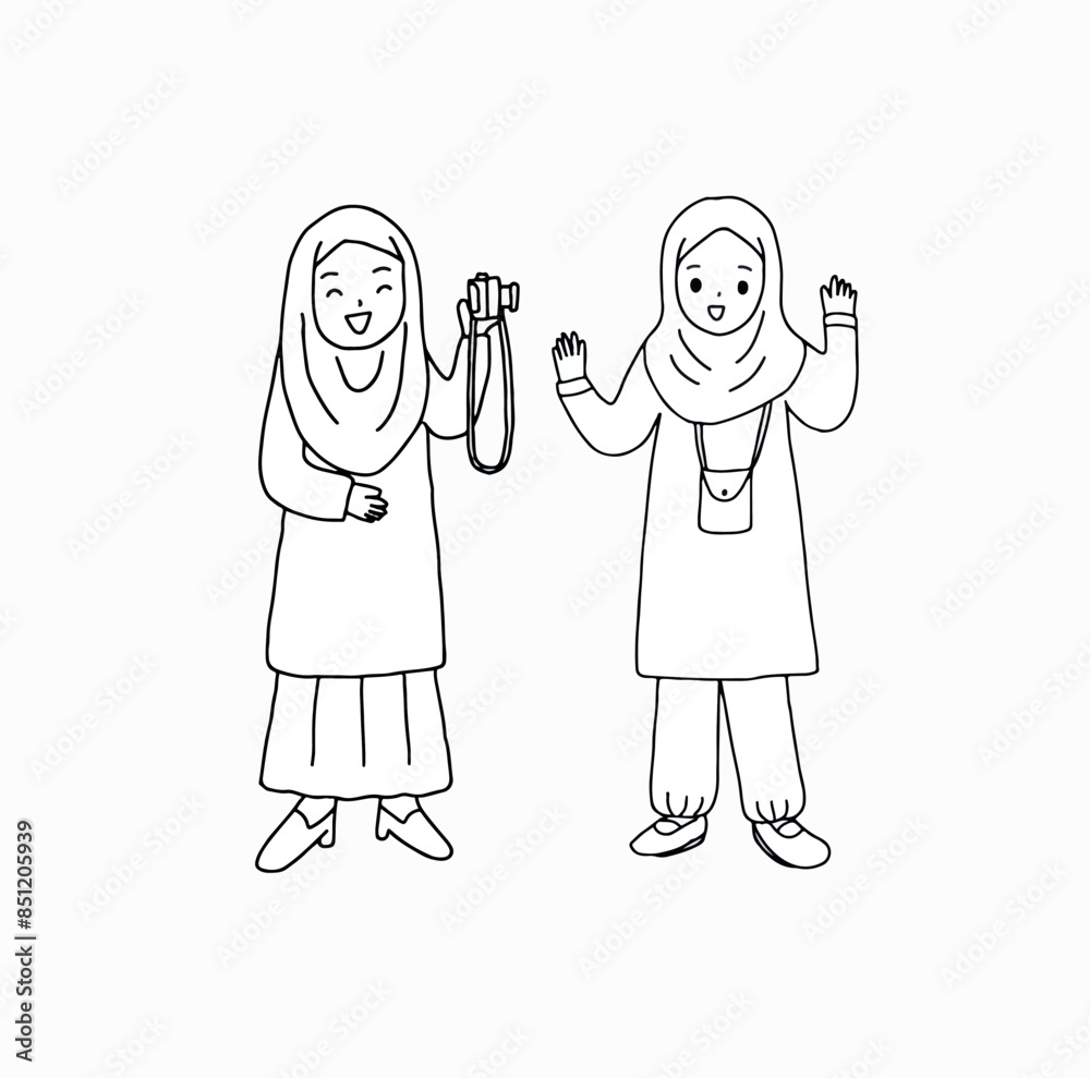 Muslim lady take photo with friend, outline drawing style vector illustration