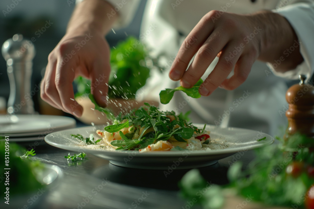 Close-up of the hands of a professional chef Make vegetable salad in the restaurant kitchen Spoon salad vegetables onto plates. Healthy food concept. Hotel Close-up of the hands of a professional chef Make vegetable salad in the restaurant kitchen Spoon salad vegetables onto plates. Healthy food concept. Hotel