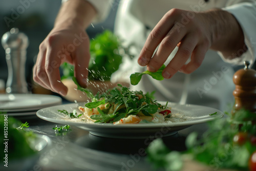 Close-up of the hands of a professional chef Make vegetable salad in the restaurant kitchen Spoon salad vegetables onto plates. Healthy food concept. Hotel