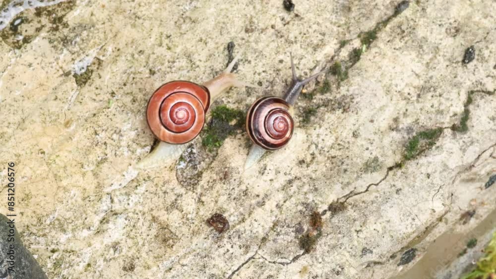 Snail with shell in backyard garden after rain on stone. Nature and planet. Snail with shell in backyard garden after rain on stone. Nature and planet.