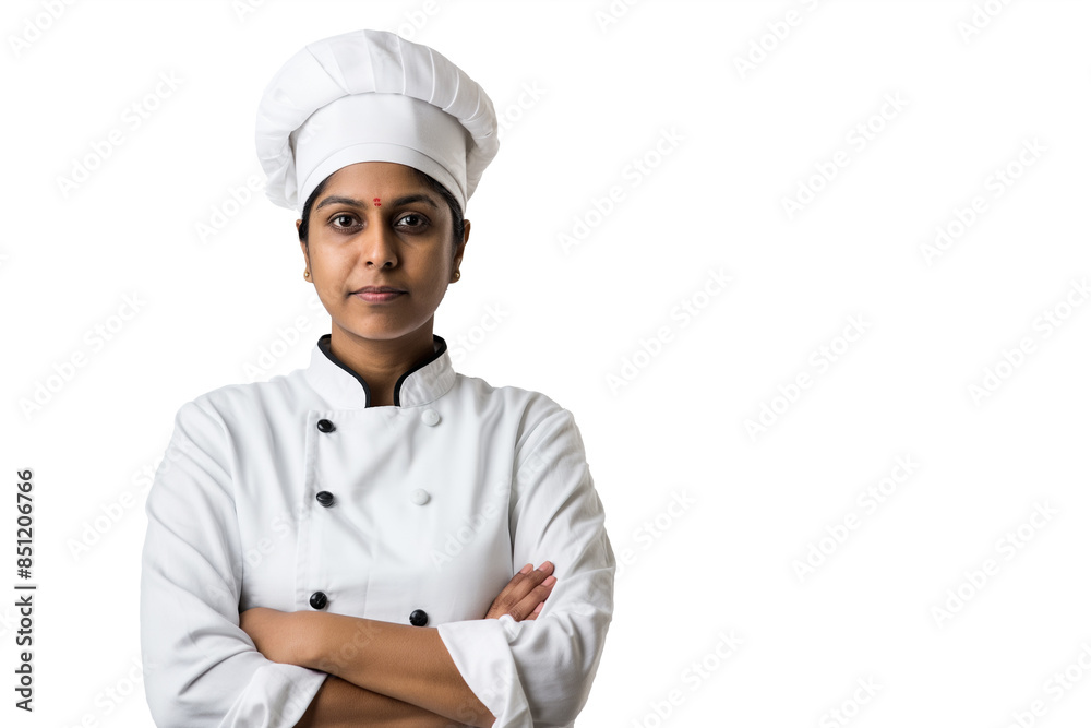 Portrait of Indian female chef in isolated background studio. Woman cooking, occupation: chef or baker People in restaurants, kitchens and hotels Portrait of Indian female chef in isolated background studio. Woman cooking, occupation: chef or baker People in restaurants, kitchens and hotels