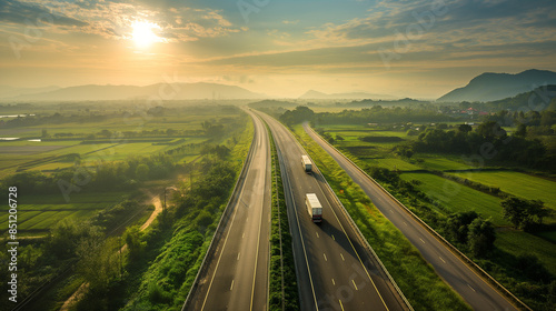 Highway road, green rice fields Travel and travel ideas for import-export business, logistics and road transport, trucks, containers, cargo.