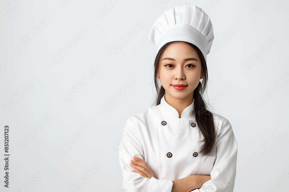 Portrait of young Asian chef in isolated background studio. Woman cooking, occupation: chef or baker People in restaurants, kitchens and hotels Portrait of young Asian chef in isolated background studio. Woman cooking, occupation: chef or baker People in restaurants, kitchens and hotels