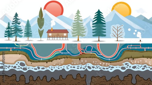 The image illustrates geothermal energy in a wintry landscape. It shows underground heat flows, a house utilizing this energy, mountains, and trees. photo