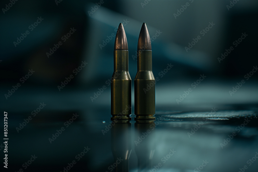 Two shiny bullets sit on a reflective surface Two shiny bullets sit on a reflective surface
