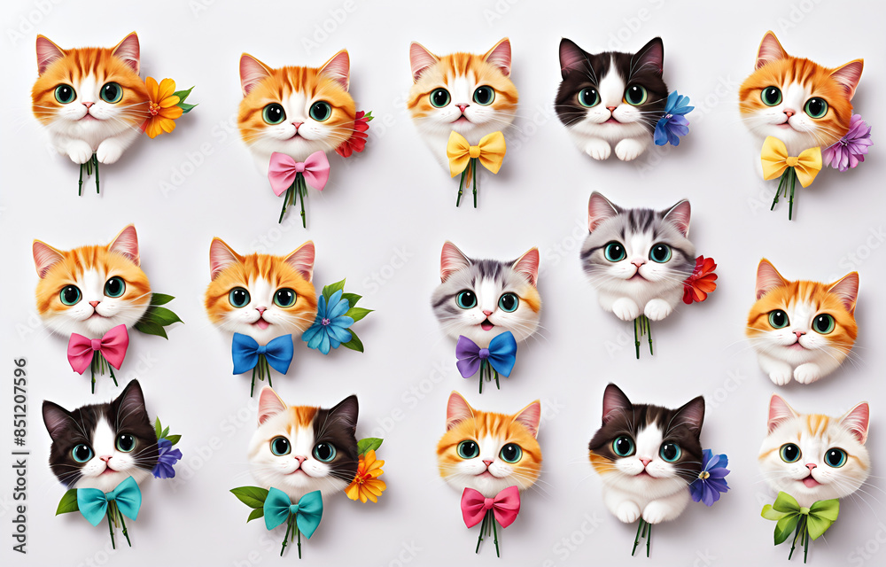 Obraz premium Cartoon cat wearing hats and necklaces ，Duoge Comics. Multi grid emoticons, multiple animal avatars and expressions
