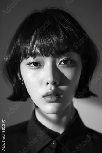 portrait of a confident young Korean model with short choppy bangs