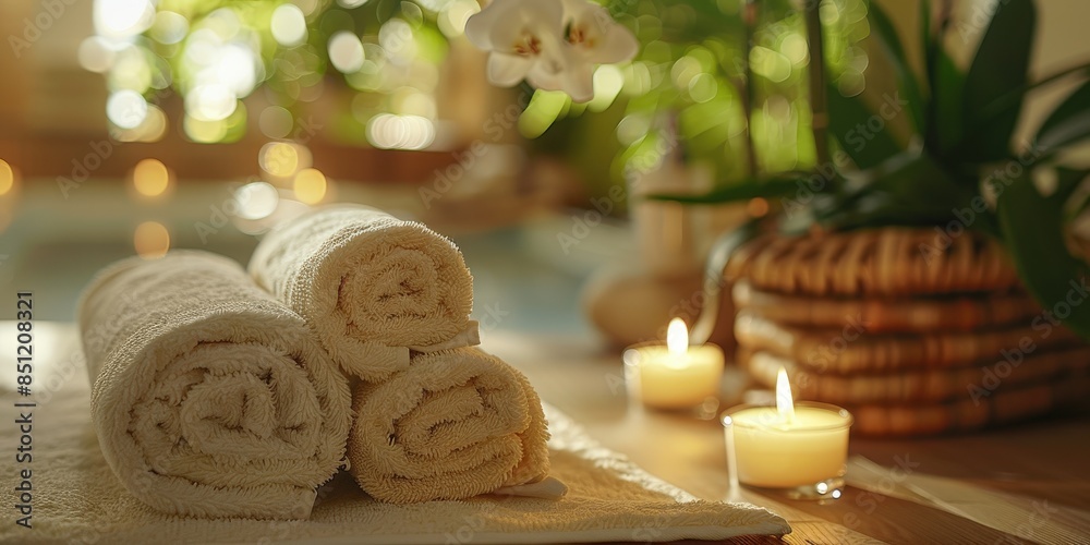 Spa Relaxation: Rolled Towels and Scented Candles
