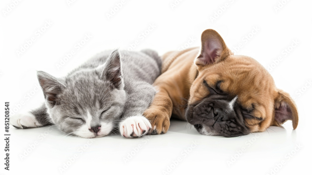 Fototapeta premium bulldog puppy and cat together isolated on white background