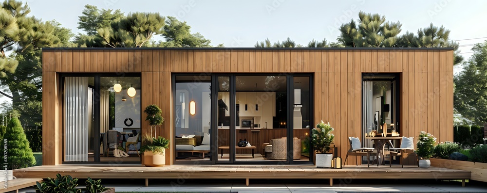 Modern house with wooden facade and glass door leading to deck near trees and shrubs Modern house with wooden facade and glass door leading to deck near trees and shrubs