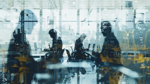 The image showcases a corporate office setting with silhouettes of people working on laptops, symbolizing business, technology, teamwork, and productivity. photo