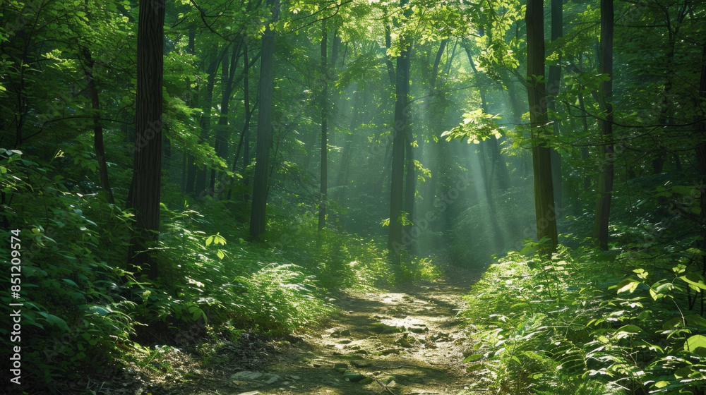 Fototapeta premium Sunlight illuminates lush woodland path, beckoning exploration of nature's beauty.