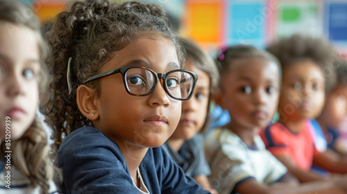 Vibrant close-up portrait of children engaged in classroom activities with colorful decorations and bright atmosphere.