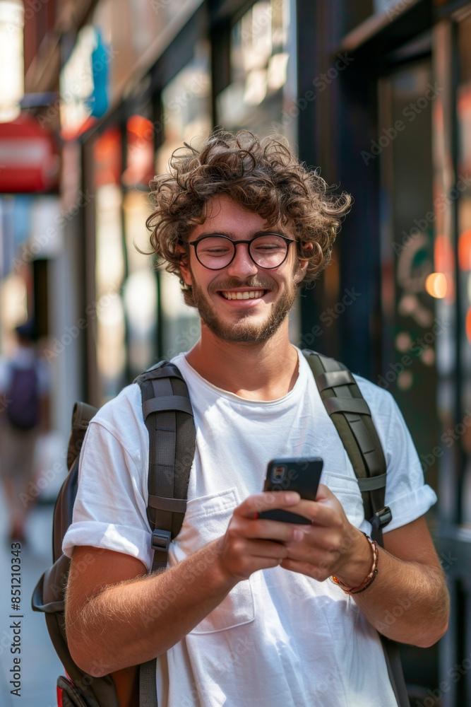 Young man enjoying city life, connecting through technology on smartphone.