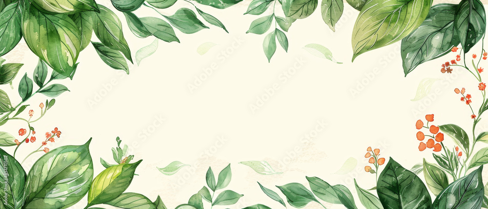 Fototapeta premium Elegant watercolor invitation card with leafy background and floral elements in a botanical herbal frame illustration.
