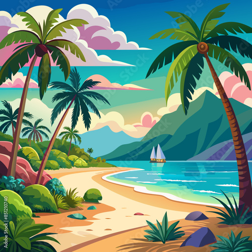 Summer Theme Design Tropical beach scene with palm trees