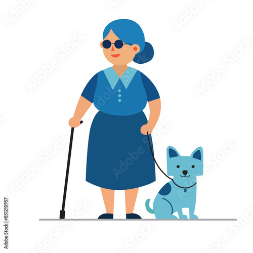A blind invalid woman with a cane and a dog. Disability, eye disease.