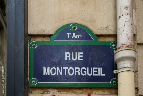 typical street name sign  from Paris , Rue de Montorgueil photo
