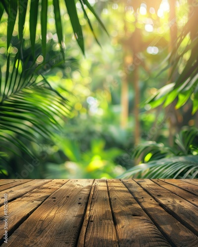 Wood tabletop podium floor in outdoors tropical garden forest blurred green leaf plant nature background.Natural product placement pedestal stand display,jungle paradise concept - generative ai