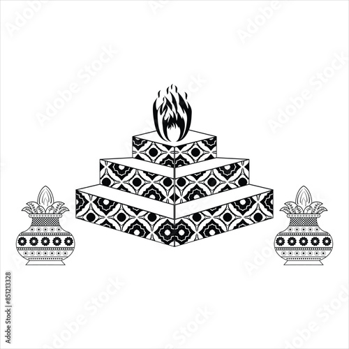 INDIAN WEDDING CLIP ART OF DECORATIVE HAVAN (HAWAN )DESIGN WITH KALASH. ornamental HAWAN DESIGN WITH FLORAL PATTERN BLACK AND WHITE.