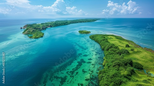 Aerial shot of a coastal lagoon with turquoise water, surrounded by lush green wetlands and dotted with small islands, showcasing the dynamic interplay of land and sea. Abstract Backgrounds